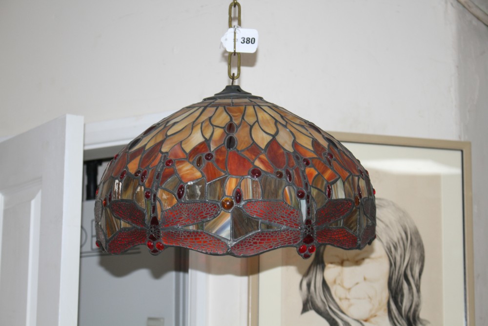 A Tiffany style leaded glass ceiling light, decorated with dragonflies, diameter 41cm, height of bowl 23cm, overall drop approx. 80cm